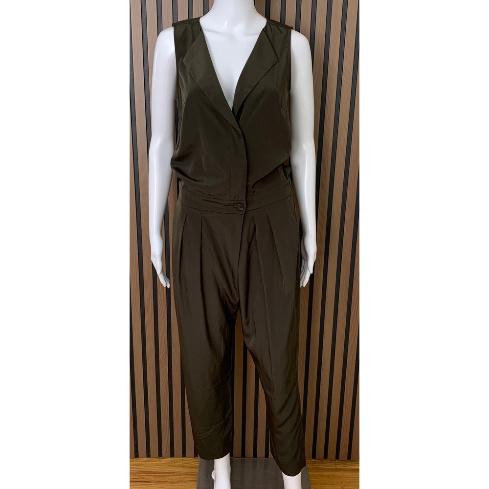 J.Crew Women's Olive Green Sleeveless V-Neck Pleated Tapered Leg Jumpsuit 2